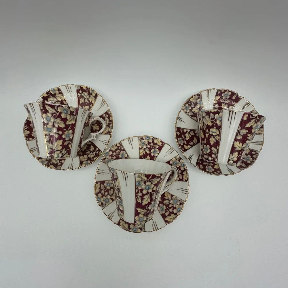Royal Albert Brocade Art Deco Panel Shape Teacups and Saucers Set of 3 Burgundy